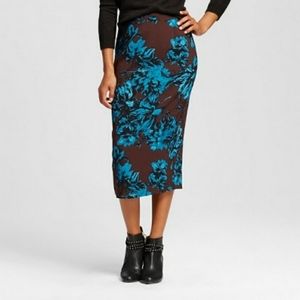 Brown Blue Floral Midi Pencil Skirt